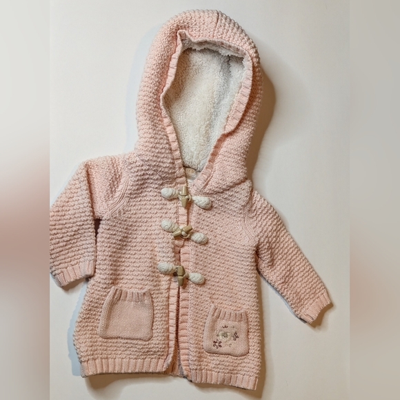 Maggie & Zoe Other - Maggie & Zoe Pale Pink Knit Hooded Cardigan with Sherpa Lining Sz 0/3 Mos.